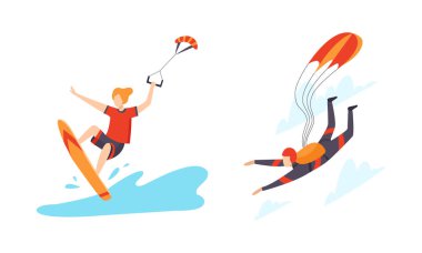 Extreme Sport Windsurfing ve Skydiving Vector Set ile İlgili Erkek Karakteri