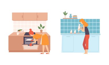 Mutfakta Genç Kadın Yemek Pişiriyor ve Ev Vector Set 'te Yemek Hazırlıyor