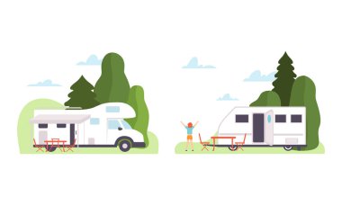 Açık hava kampı etkinlik vektörüne bağlanan Yükseltilmiş Elli Adam Karavan Aracı