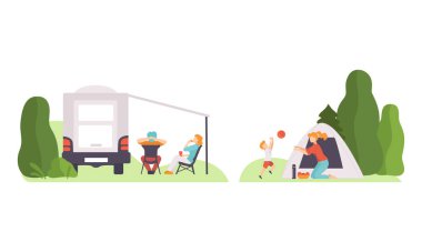Çadır ve Karavan Aracındaki Kadın ve Erkek Çocuk Açık Hava Kampı Etkinlik Vektörü ile Oturuyor ve Oynuyor
