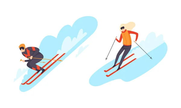 Man and Woman Character Engaged in Extreme Sport Skiing Vector Set — Stock Vector