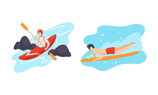 Man Character Engaged in Extreme Sport Kayaking and Surfboarding Vector Set — Stock Vector
