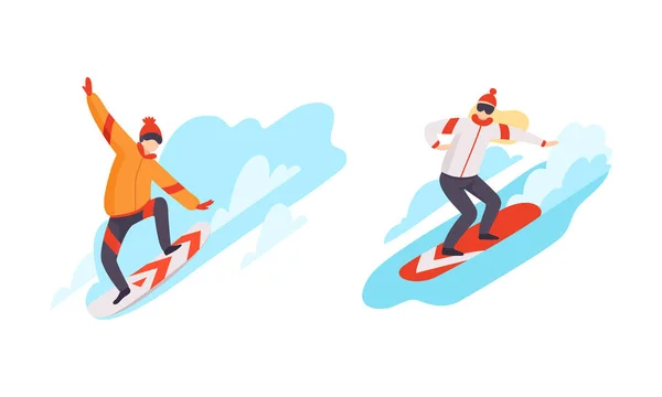 Personnage homme et femme engagé dans un jeu vectoriel de snowboard de sport extrême — Image vectorielle