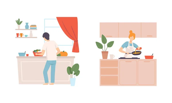 Giovane uomo e donna in cucina cucina Pasto e preparazione del cibo a casa Vettore Set — Vettoriale Stock