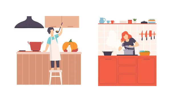 厨房里的年轻妇女和小男孩在家里做饭做饭和做饭 — 图库矢量图片