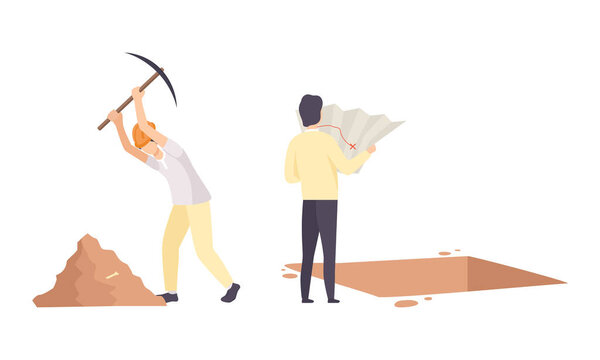 Археолог-человек с картой и топором в поисках векторного набора материалов