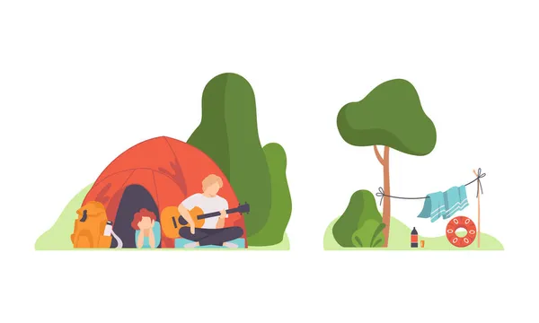 Man en vrouw in tent spelen gitaar betrokken in outdoor camping activiteit vector set — Stockvector