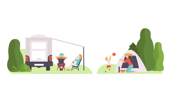Uomo e donna in tenda e rimorchio veicolo seduto e giocare con il bambino godendo di campeggio all'aperto attività vettoriale Set — Vettoriale Stock
