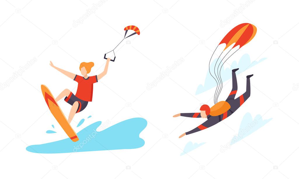 Man Character Engaged in Extreme Sport Windsurfing and Skydiving Vector Set
