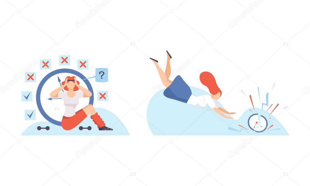 Woman with Breaking Clock Dial Failing Handling Deadline and Timeline Vector Set
