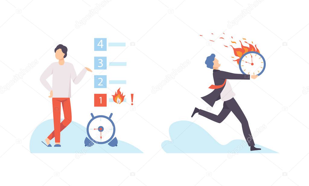 Man with Burning Clock Dial Failing Handling Deadline and Timeline Vector Set
