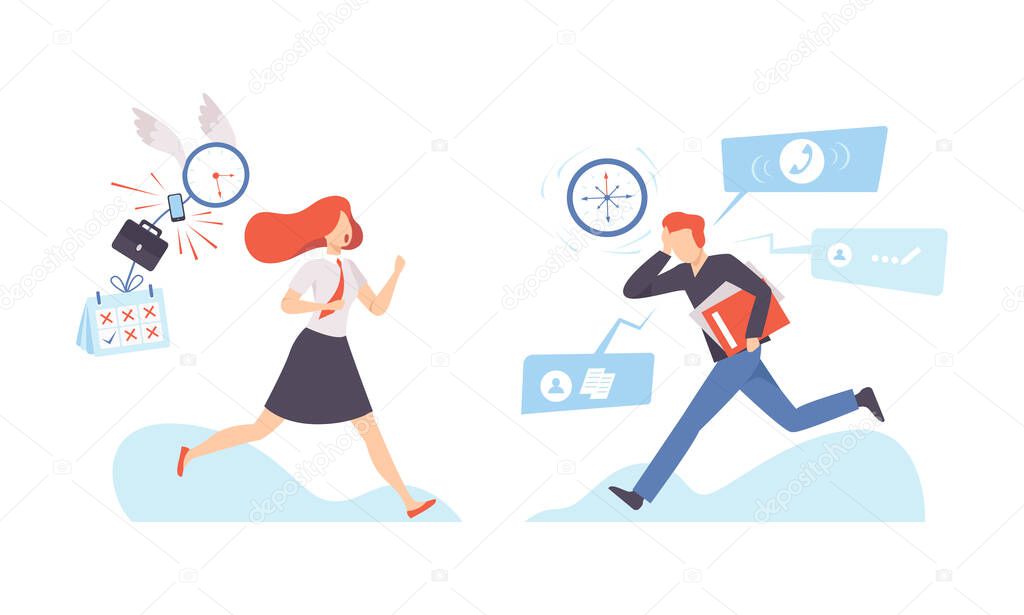Man in Hurry and Woman Escaping from Clock Dial Failing Handling Deadline and Timeline Vector Set