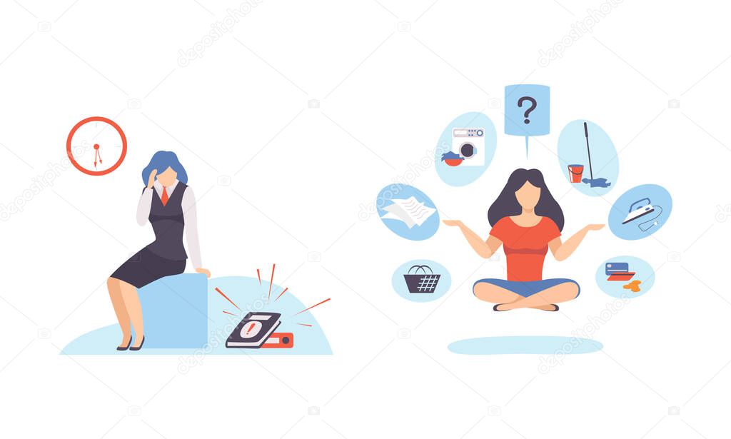 Woman with Clock Dial Feeling Headache Failing Handling Deadline and Timeline and Meditating Vector Set