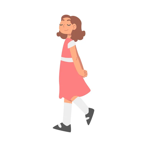 Šťastná holčička v hezkých šatech kráčející vektorové ilustrace — Stockový vektor