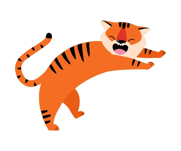 Tigre a strisce saltellanti con pelliccia arancione ruggente vettoriale illustrazione — Vettoriale Stock