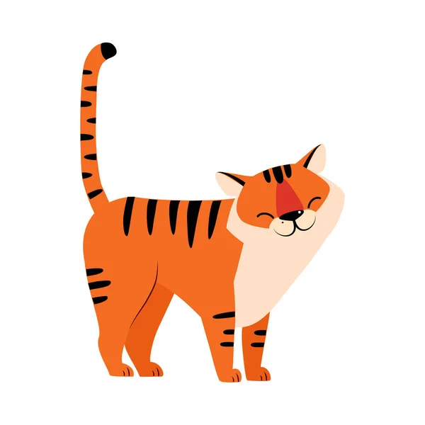 Standing Striped Tiger with Orange Fur and Upward Tail Vector Illustration — Stock Vector