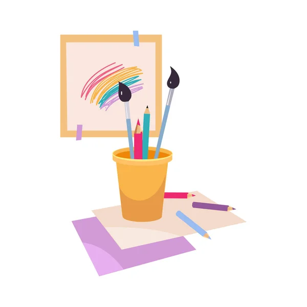 Papir, fargede blyanter og børst som illustrasjon på barnevektorer – stockvektor
