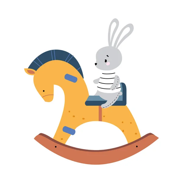 Cavalo de madeira e lebre recheada como ilustração colorida do vetor do brinquedo das crianças — Vetor de Stock