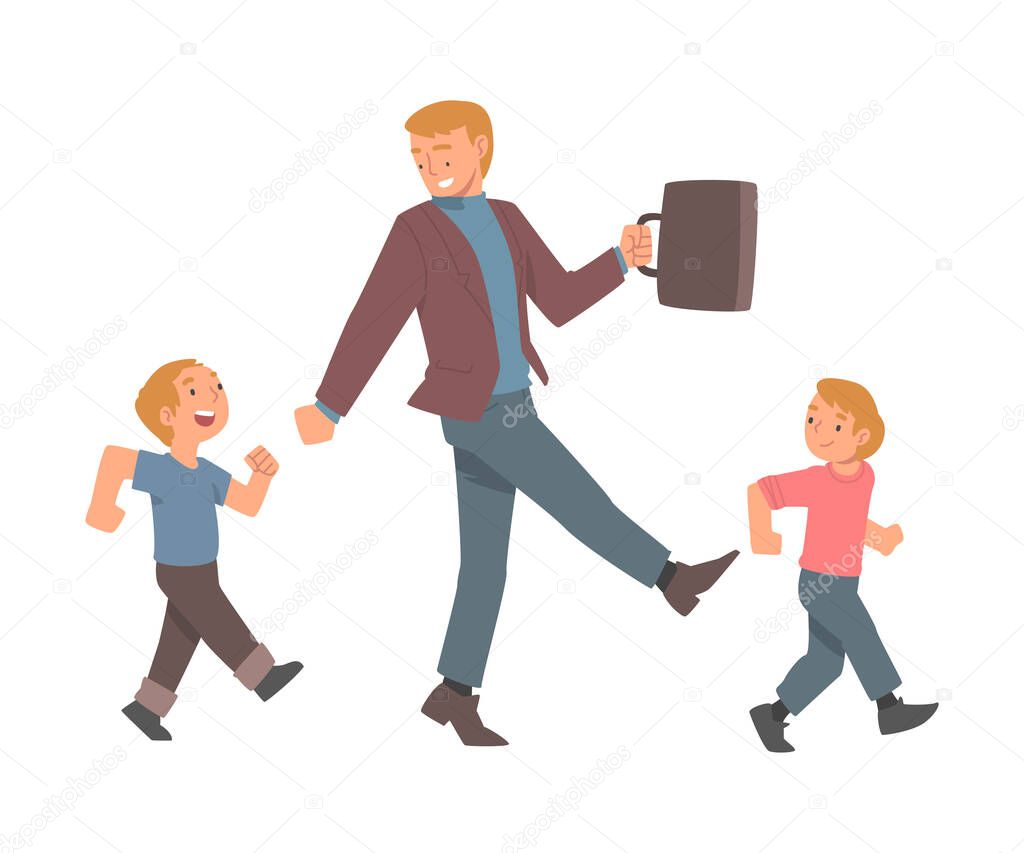 Dad Businessman Wearing Suit Walking with His Son Vector Illustration