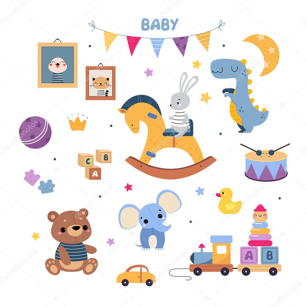 Colorful Kids Toys with Rocking Horse, Stuffed Teddy Bear and Train Vector Set