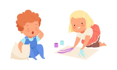 Yastık Esneme ile Bebek Oğlan ve Kağıt Vektör Seti Üzerinde Resim Çizen Boyalı Kız