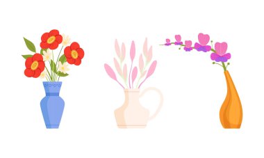 Çiçek Buketi ve Bunch Ev Dekorasyonu Vektörü olarak Seramik Vazoda Dinlenmiş