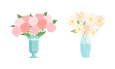 Çiçek Buketi ve Bunch Ev Dekorasyonu Vektörü olarak Seramik Vazoda Dinlenmiş