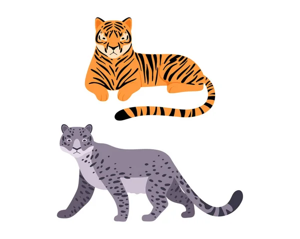 Gato felino o salvaje como animal carnívoro con juego de vectores de tigre y oncilla — Vector de stock