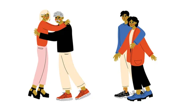 Parent embrassant avec leur fils et leur fille adultes exprimant un ensemble d'illustration vectorielle d'émotions positives — Image vectorielle