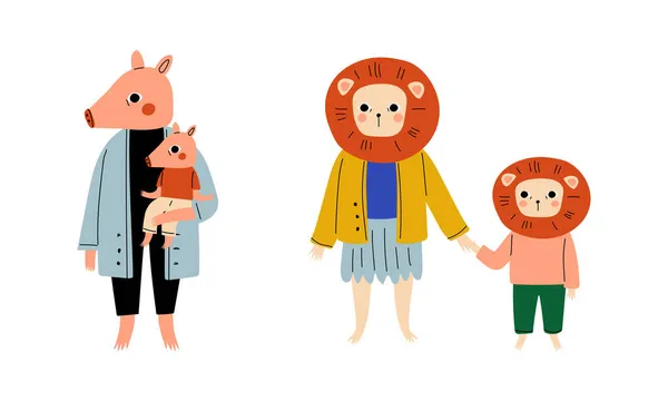 Animal Parent Humanized Character Standing with Their Kid Vector Set — Stock Vector