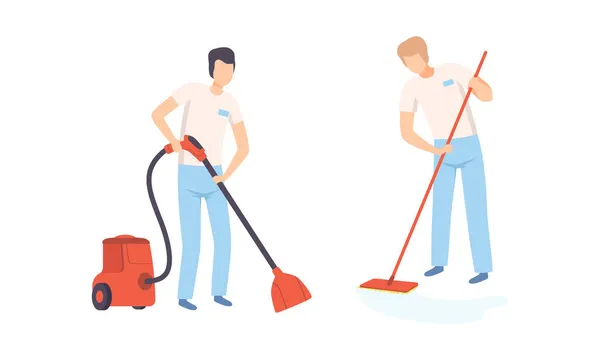 Young Man Professional Cleaner in Blue Uniform Mopping Floor and Vacuum Cleaning Vector Set — Stock Vector