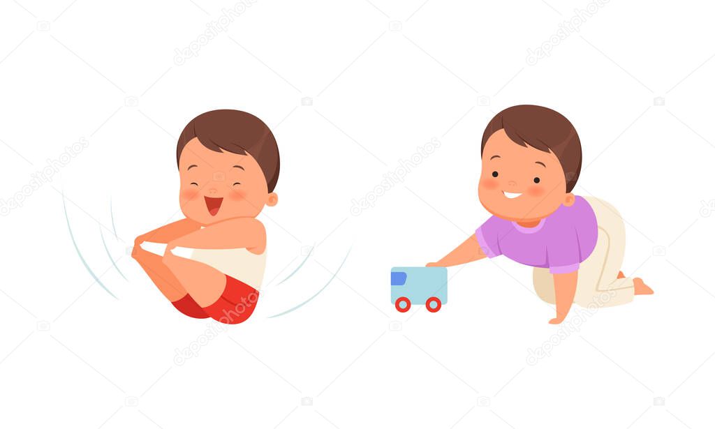 Baby Boy Playing Toy Car on the Floor and Rolling Vector Set