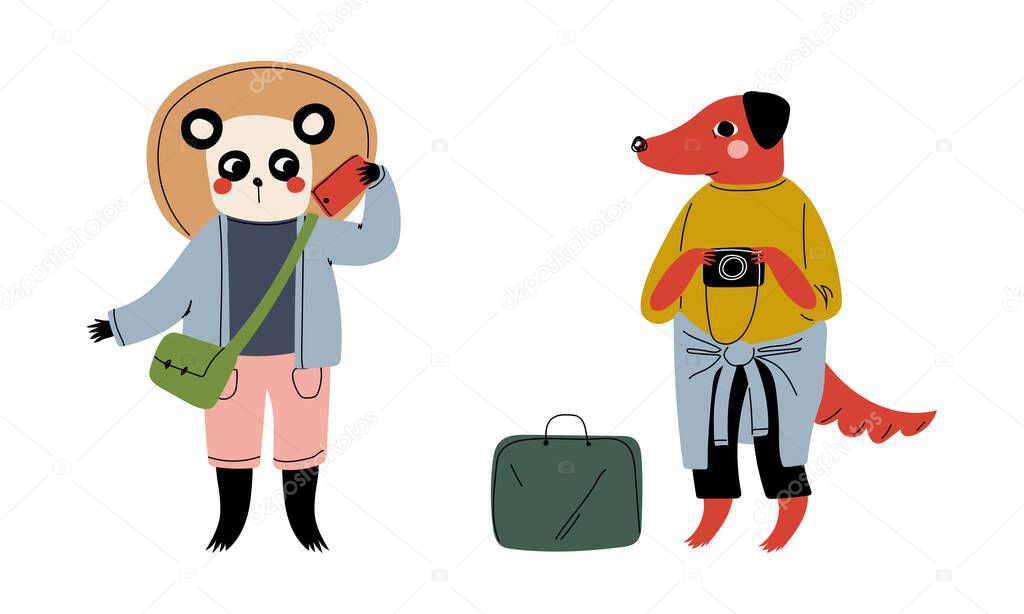 Panda and Dog Animal Tourist or Traveler with Luggage and Camera Having Trip on Vacation Vector Set
