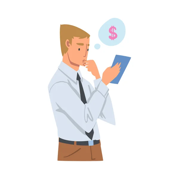 Hombre pensativo con Tablet PC analizando el crecimiento de los beneficios financieros y evaluando los ingresos y gastos Vector ilustración — Archivo Imágenes Vectoriales