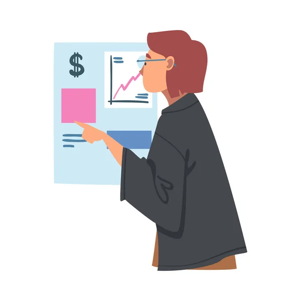 Mujer analizando el crecimiento de los beneficios financieros y evaluando los ingresos y gastos en la ilustración vectorial de aplicaciones digitales — Vector de stock