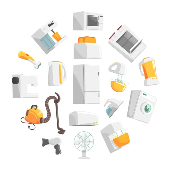 Мультфильм Home Electronics and Appliance with Vacuum Cleaner and Fridge Arranged in Circle Vector Template — стоковый вектор