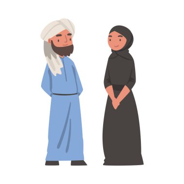 Arap Erkek ve Kadın Geleneksel Müslüman Elbisesi ve Uzun Akan Kıyafet Vektör İllüstrasyonu