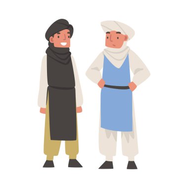 Arap Adam Geleneksel Müslüman Elbisesi ve Uzun Akan Kıyafet Vektörü İllüstrasyonu