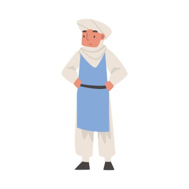 Arap Adam Geleneksel Müslüman Elbisesi ve Uzun Akan Kıyafet Vektörü İllüstrasyonu