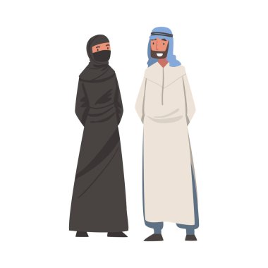 Arap Erkek ve Kadın Geleneksel Müslüman Elbisesi ve Uzun Akan Kıyafet Vektör İllüstrasyonu