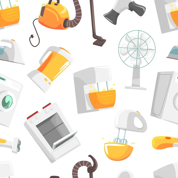Мультфильм Home Electronics and Appliance with Vacuum Cleaner and Stove Vector Seamless Pattern Template — стоковый вектор