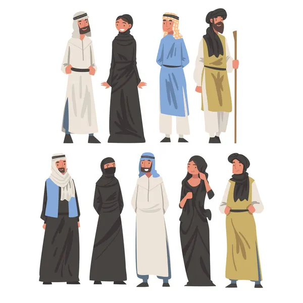 Personnage du peuple arabe debout dans la robe musulmane traditionnelle et l'ensemble vectoriel de vêtement à long flux — Image vectorielle