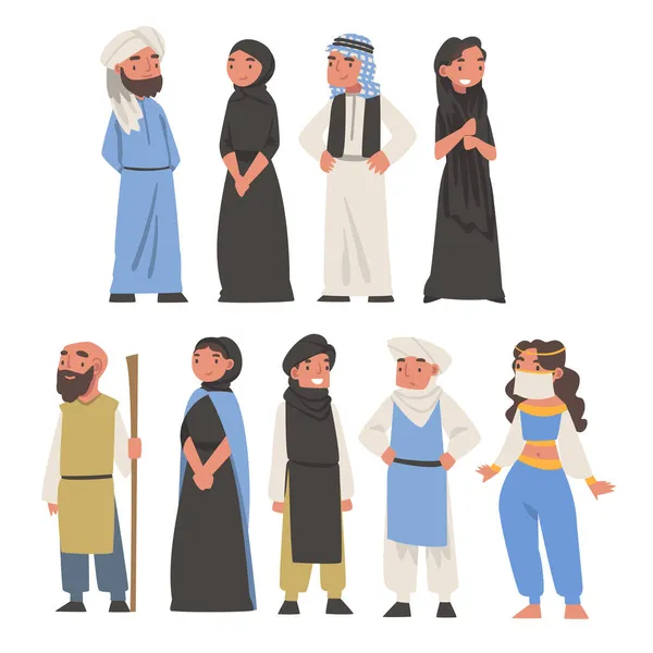 Postać Arabów stojących w tradycyjnej sukni muzułmańskiej i długo płynącej odzieży wektor zestaw — Wektor stockowy