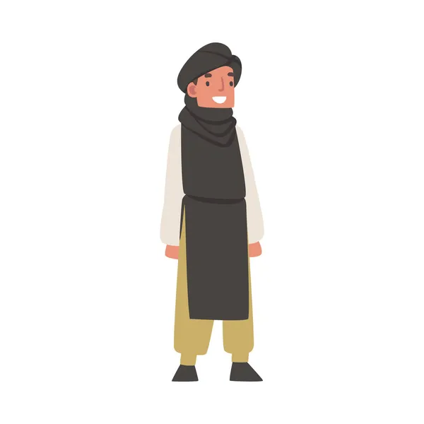 Arabský muž stojící v tradičních muslimských šatech a dlouhotrvající oděvní vektorové ilustrace — Stockový vektor
