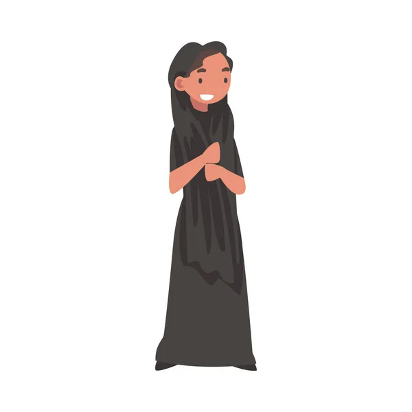 Arabska kobieta stojąca w tradycyjnej sukni muzułmańskiej i długo płynącej odzieży wektor ilustracji — Wektor stockowy