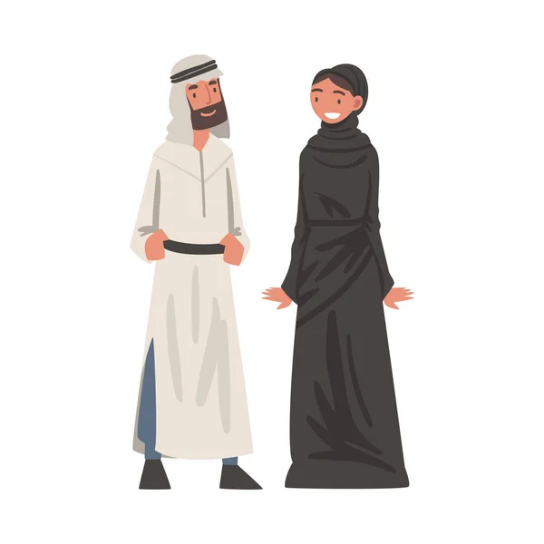 Homme et femme arabes debout en robe musulmane traditionnelle et illustration vectorielle de vêtement à long flux — Image vectorielle