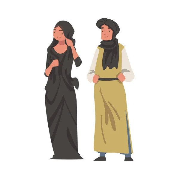 Arab mężczyzna i kobieta stojący w tradycyjnej sukni muzułmańskiej i długo płynącej odzieży wektor ilustracji — Wektor stockowy