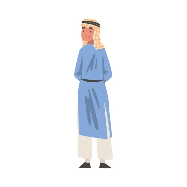 Homme arabe debout en robe musulmane traditionnelle et illustration vectorielle de vêtement à long flux — Image vectorielle