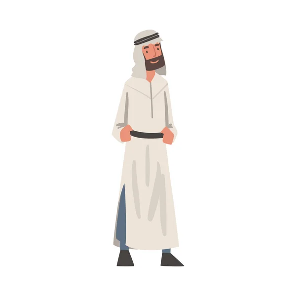 Hombre barbudo árabe de pie en vestido musulmán tradicional y ropa de flujo largo Vector Ilustración — Archivo Imágenes Vectoriales