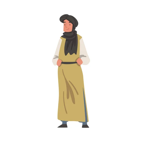 Араб, стоящий в традиционном мусульманском платье и векторной иллюстрации длинного течения одежды — стоковый вектор